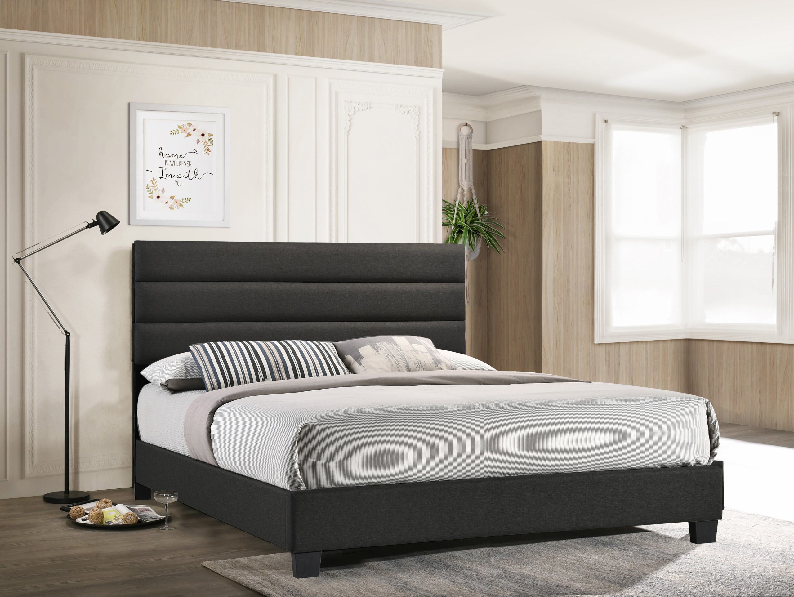 OSGO HOME | King Panel Upholstered Bed - Dark Grey Linen